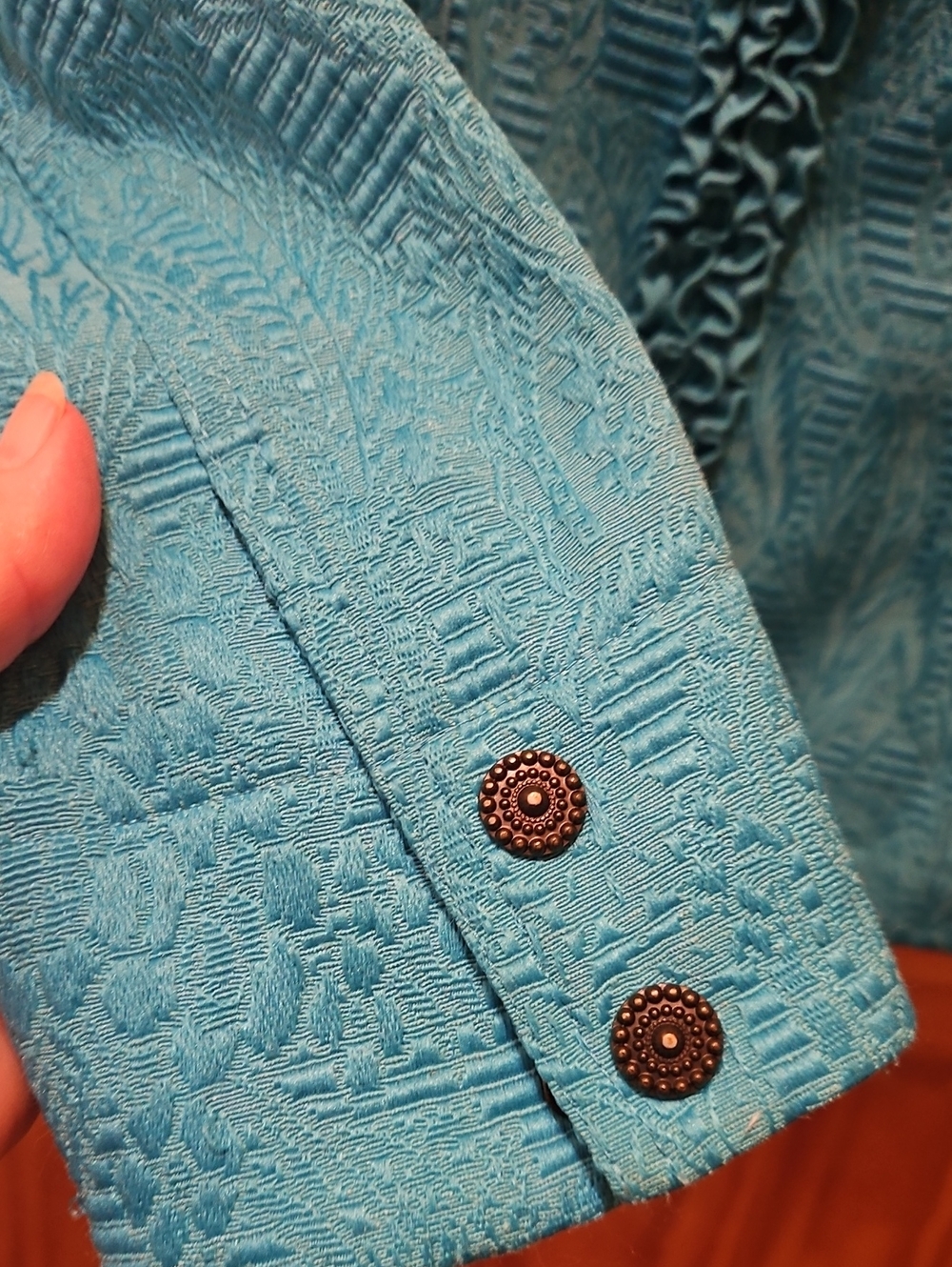 Ruby Rd. Teal Ruffle-Trim Jacquard Jacket - Picture 2 of 5
